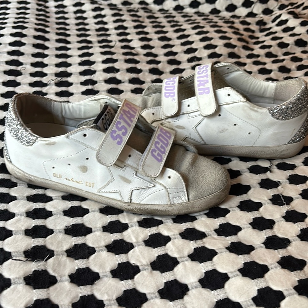 Golden Goose Old School white velcro tennis shoes with lavender & silver sparkle